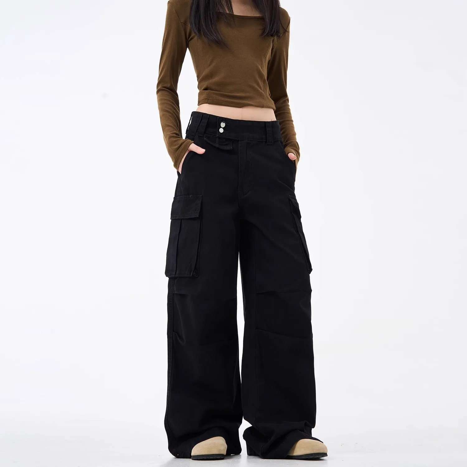 High Street Wide-Leg Casual Women's Cargo Pants Streetwear Summer New Y2k Sweatpants Black Flared Long Pants Gothic Clothing 90s