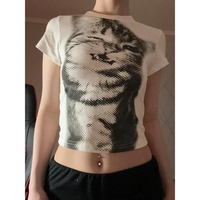 Camiseta corta con estampado de animales Harajuku, camiseta básica blanca de manga corta con cuello redondo, camisetas informales ajustadas para mujer, camisetas Vintage y2k para mujer