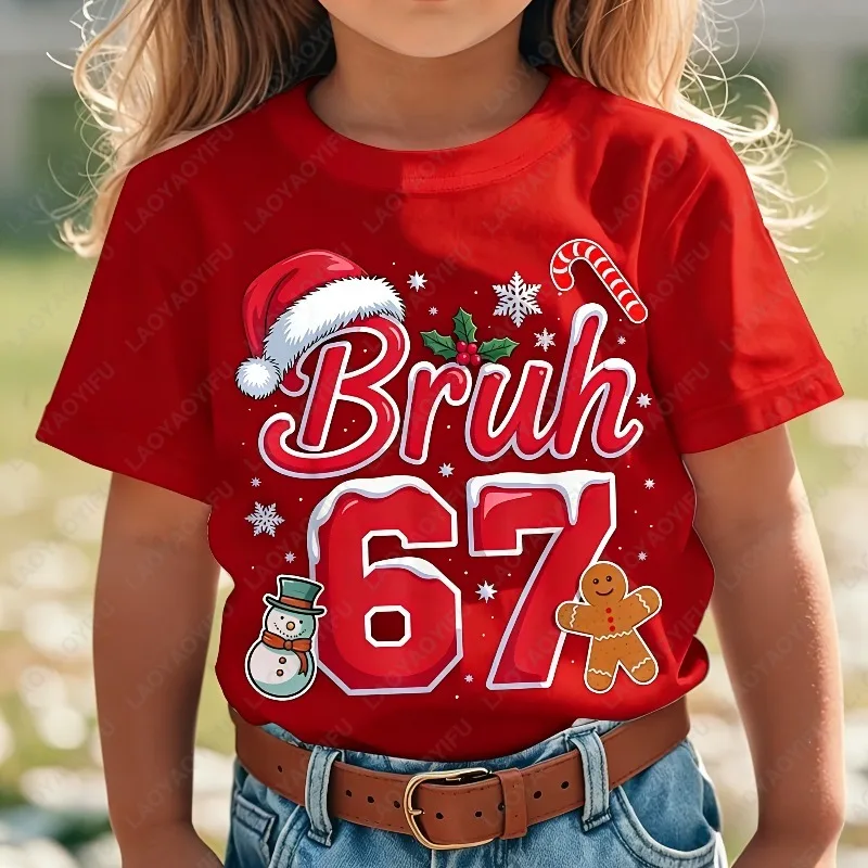 Bruh 67 Six Seven Internet Meme Funny Christmas Children Cotton T-Shirt Humorous Number Design Gingerbread Snowflake Round Tee