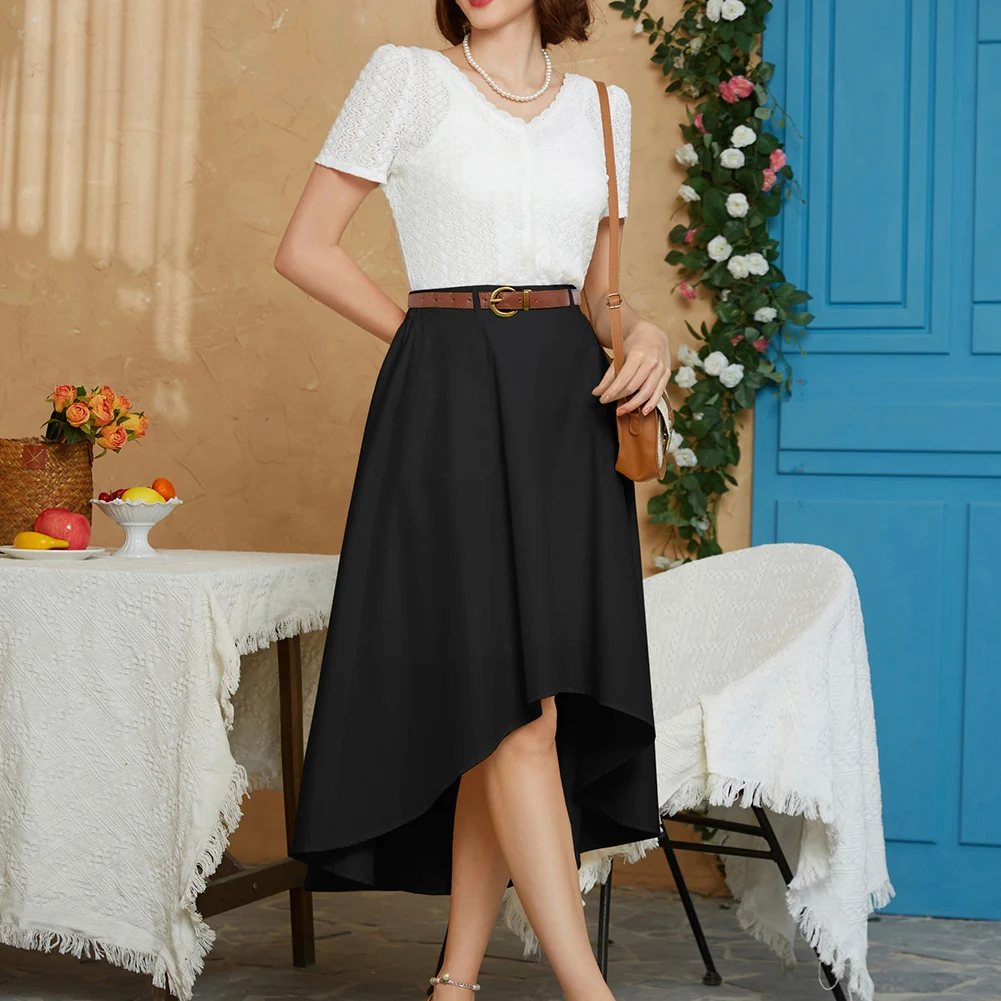 BP Women Skirts Vintage High-Lo Skirt With Belt Elastic Waist FlaredHigh Waist Korean High Quality A-Line Skirts