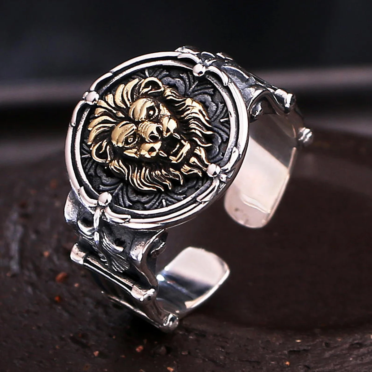 

S925 sterling silver retro handmade ring for men trendy personality open three-dimensional lion head single ring