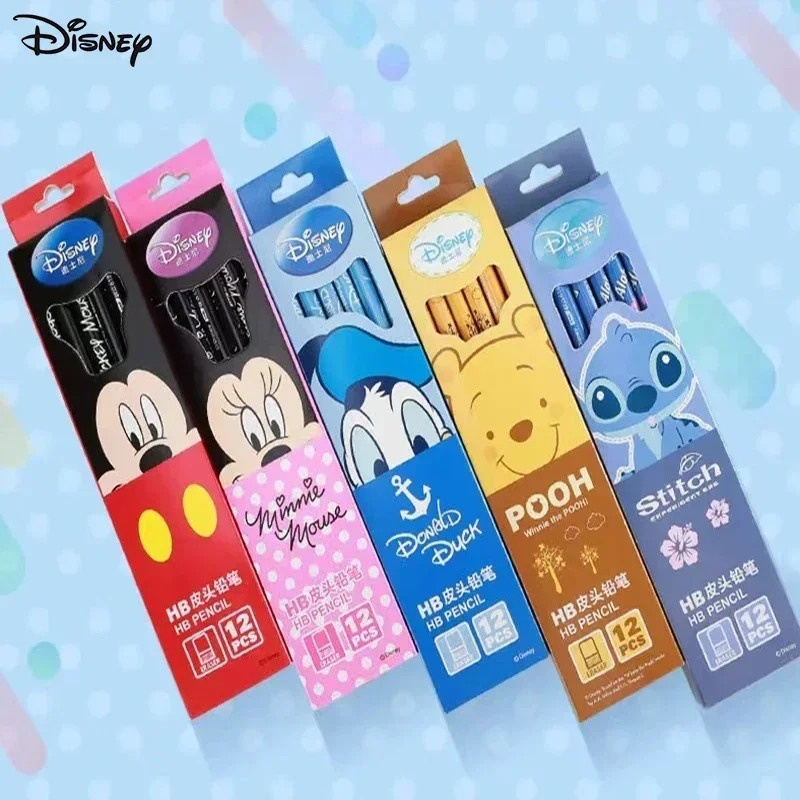 New Disney HB Pencil with Eraser Cartoon Mickey Minnie Stitch Princess Painting Pencil Learning Stationery Kids Student Gift