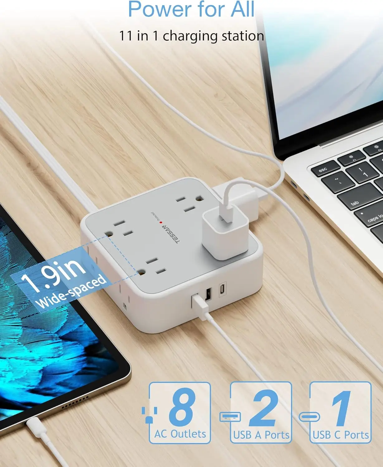 TESSAN Flat Plug Power Strip with 8 AC Outlets 3 USB Ports Multiple Plug Charger Strip 5 Ft Flat Extension Cord Surge Protector