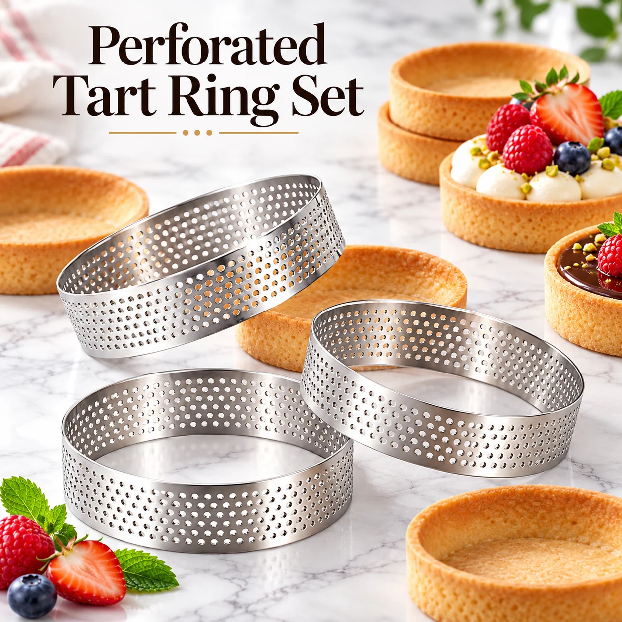 3-teiliges Tortenring-Set aus lebensmittelechtem Edelstahl, perforierte runde Formen für Obsttorten, Kuchen, Mousse, Kekse, Donuts, Gebäck, zum Backen zu Hause