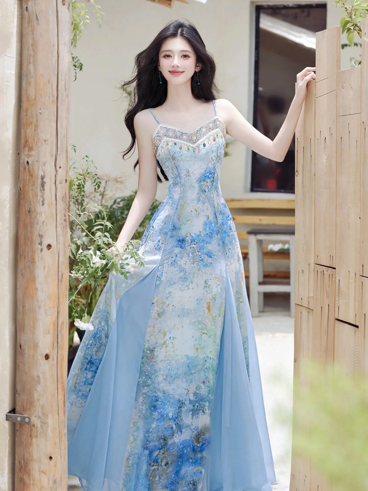 Korean Style Summer Seaside Vacation Style Gradient Dyed Blue Dress 2026 New Beautiful Unique Women's Suspender Long Dresses