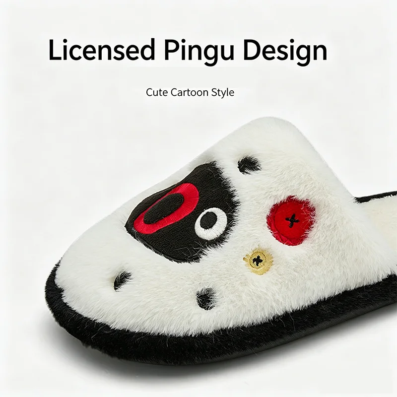 Licensed Pingu Cartoon Plush Slippers Women Warm Fuzzy Slip‑On Indoor Home Winter House Shoes
