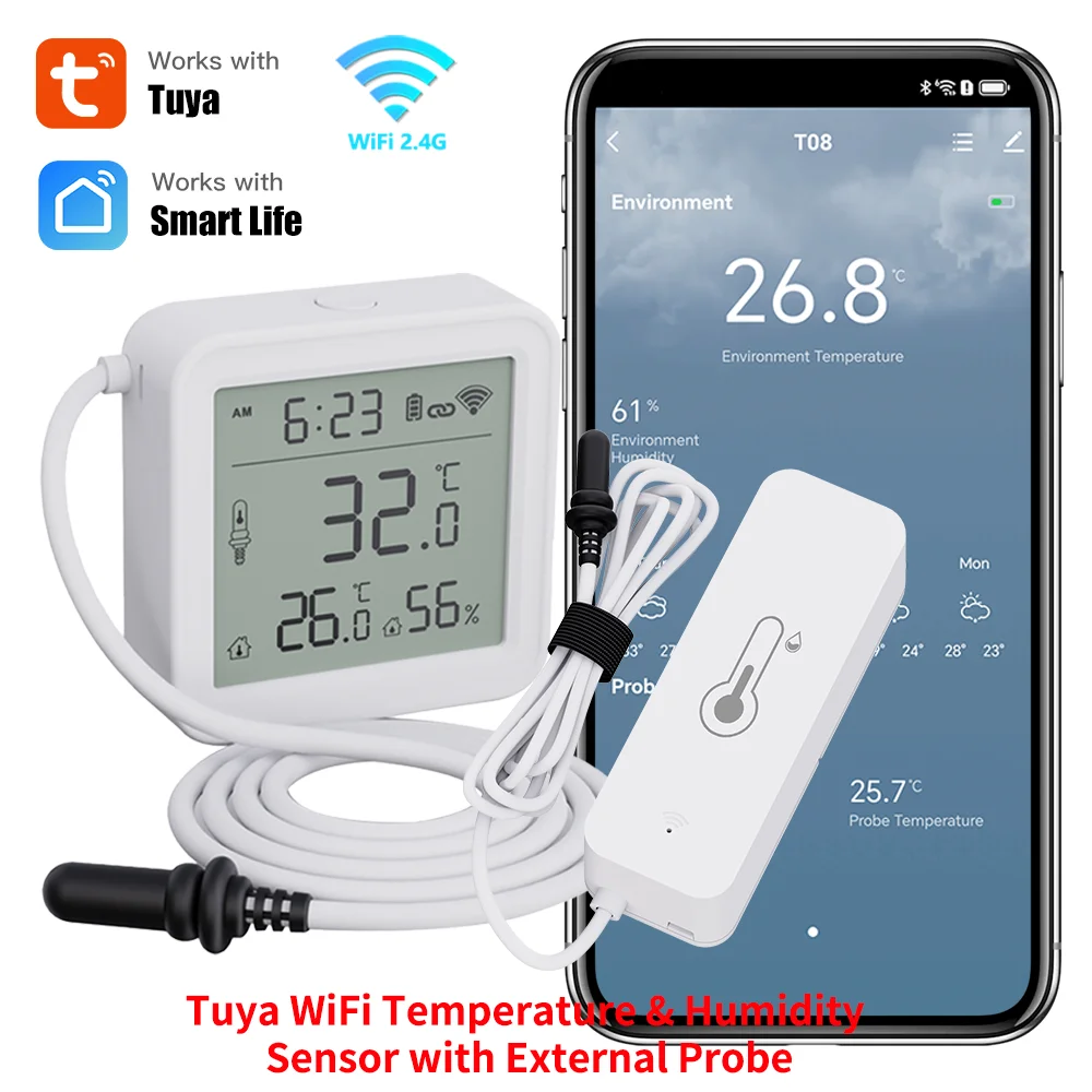 Tuya WiFi Temperature Humidity Sensor With External Probe for Smart Home Hygrometer APP Monitoring For Plants Aquarium Winery
