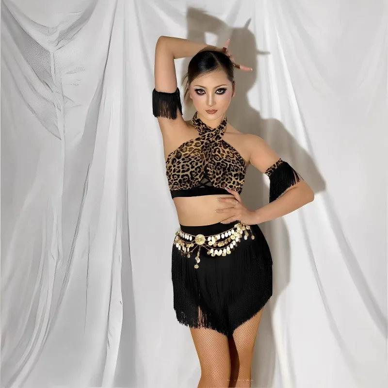 Costume de danse latine personnalisé pour femmes, tenue d'entraînement, imprimé léopard, haut à licou noir, jupe à franges, vêtements de compétition, robe pour femmes