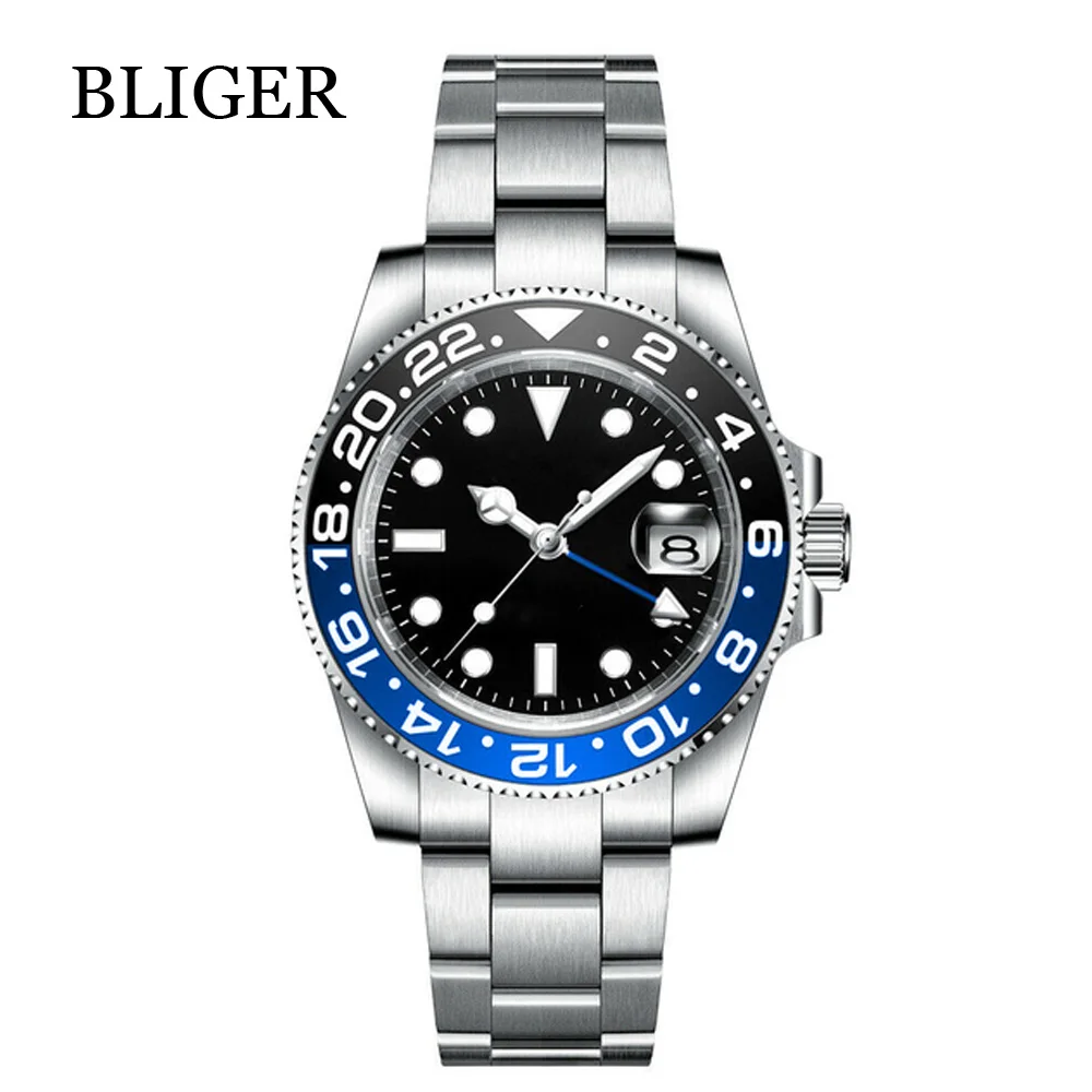 

BLIGER NH34A 200M Waterproof 40mm Black Dial Luminous GMT Function NH34 Automatic Mens Watch Steel Bracelet Ceramics Bezel