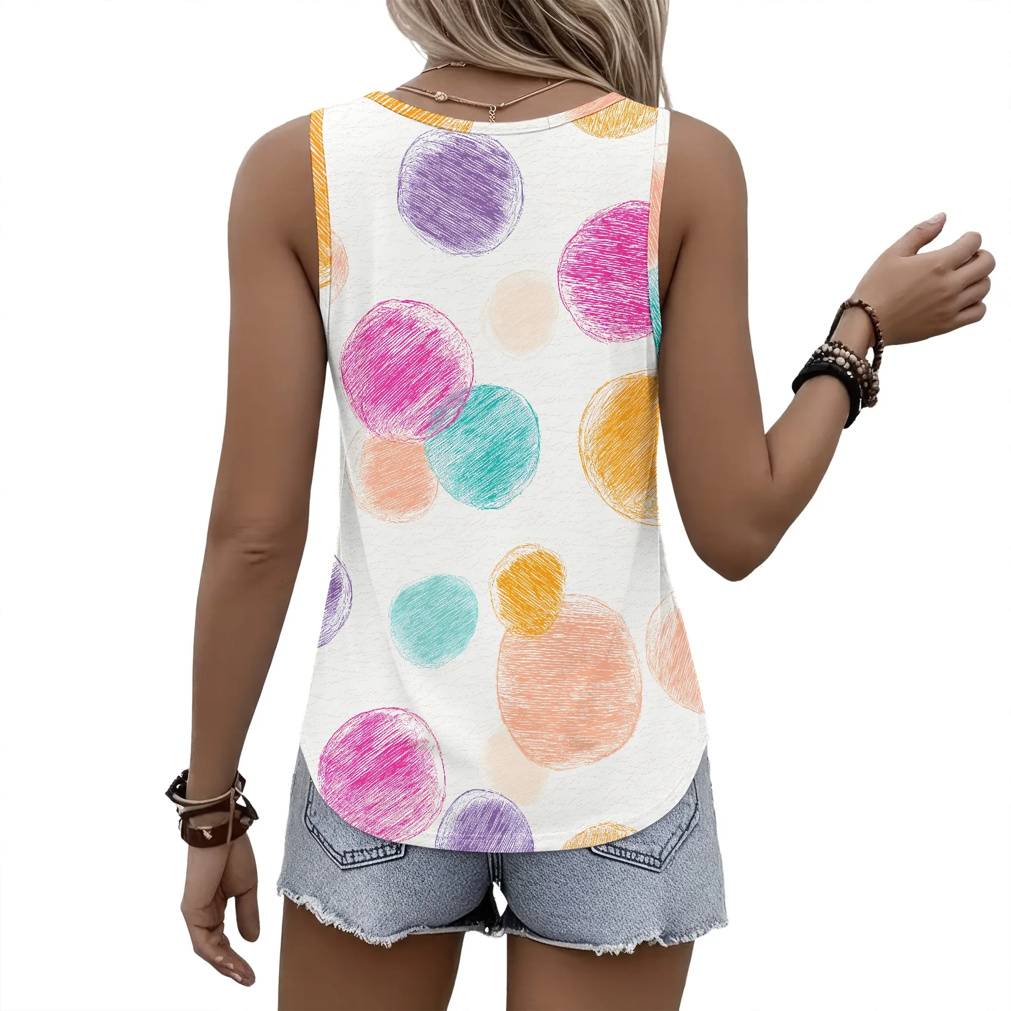 Colorful Circle Print Tank Top, Artistic Doodle Sleeveless Shirt, Summer Casual Loose Blouse, Beach Vacation Wear, S-2XL
