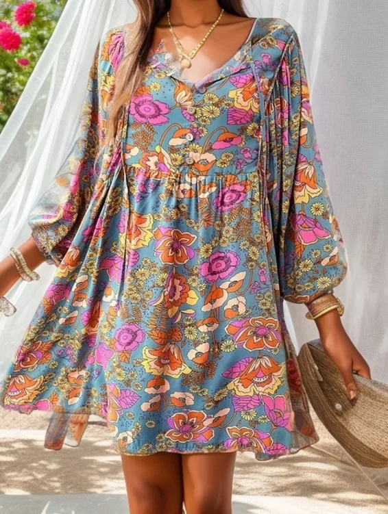 Elegancka sukienka mini z długim rękawem, plisowana, z kwiatowym wzorem, dekoltem w serek, sznurowana, w kształcie litery A, na wiosnę, codzienna, z wysokim stanem, idealna na wakacje.