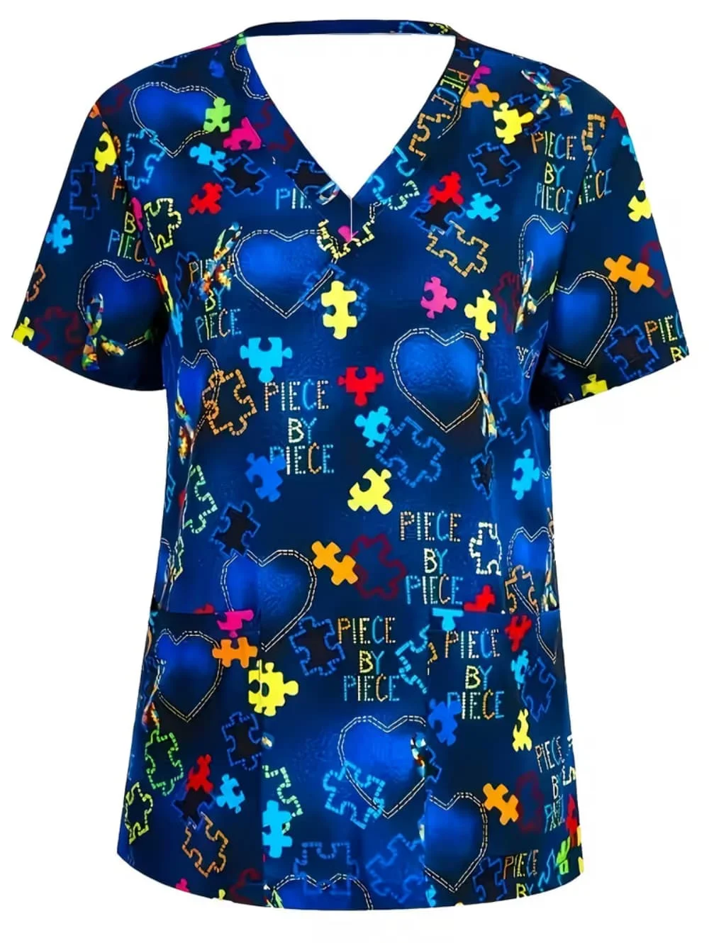 Clinical Uniform Woman Cute Heart Pattern 3D Print Fashion V-Neck T-Shirt Vibrant Pockets Summer Comfortable Nurse Uniform Woman