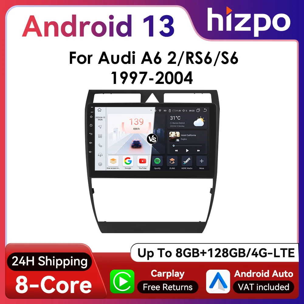 Hizpo 2Din 9inch CarPlay Andoird Auto Car Radio for Audi A6 RS6 S6 1997 - 2004 Navi GPS RDS DSP SWC BT 4G UI7862 Multimedia