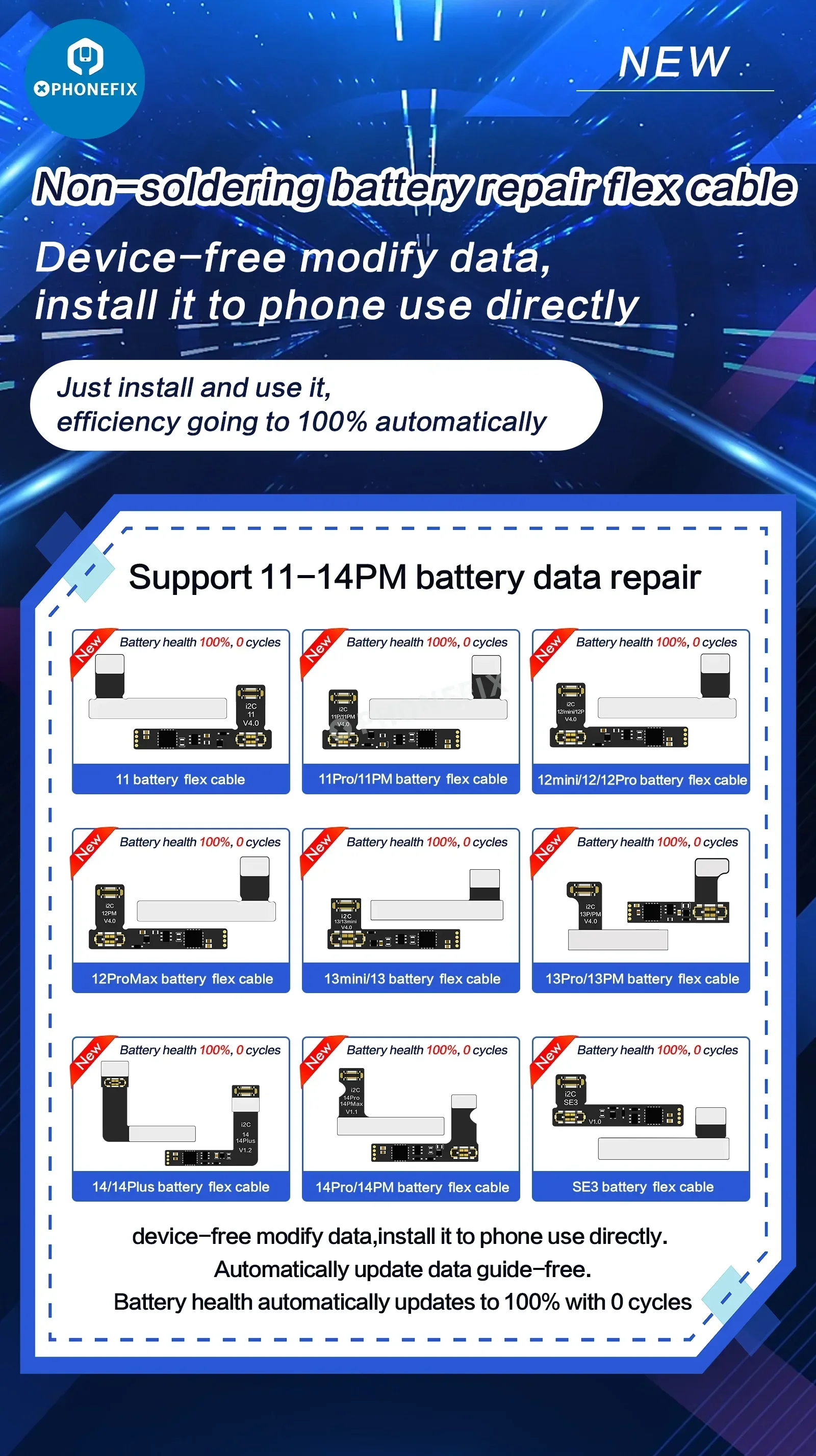 i2C No-soldering Battery Repair Flex Cable Without Programming For iPhone 11 12 13 14 15 Pro Max Fixed Battery Health 100% Tools