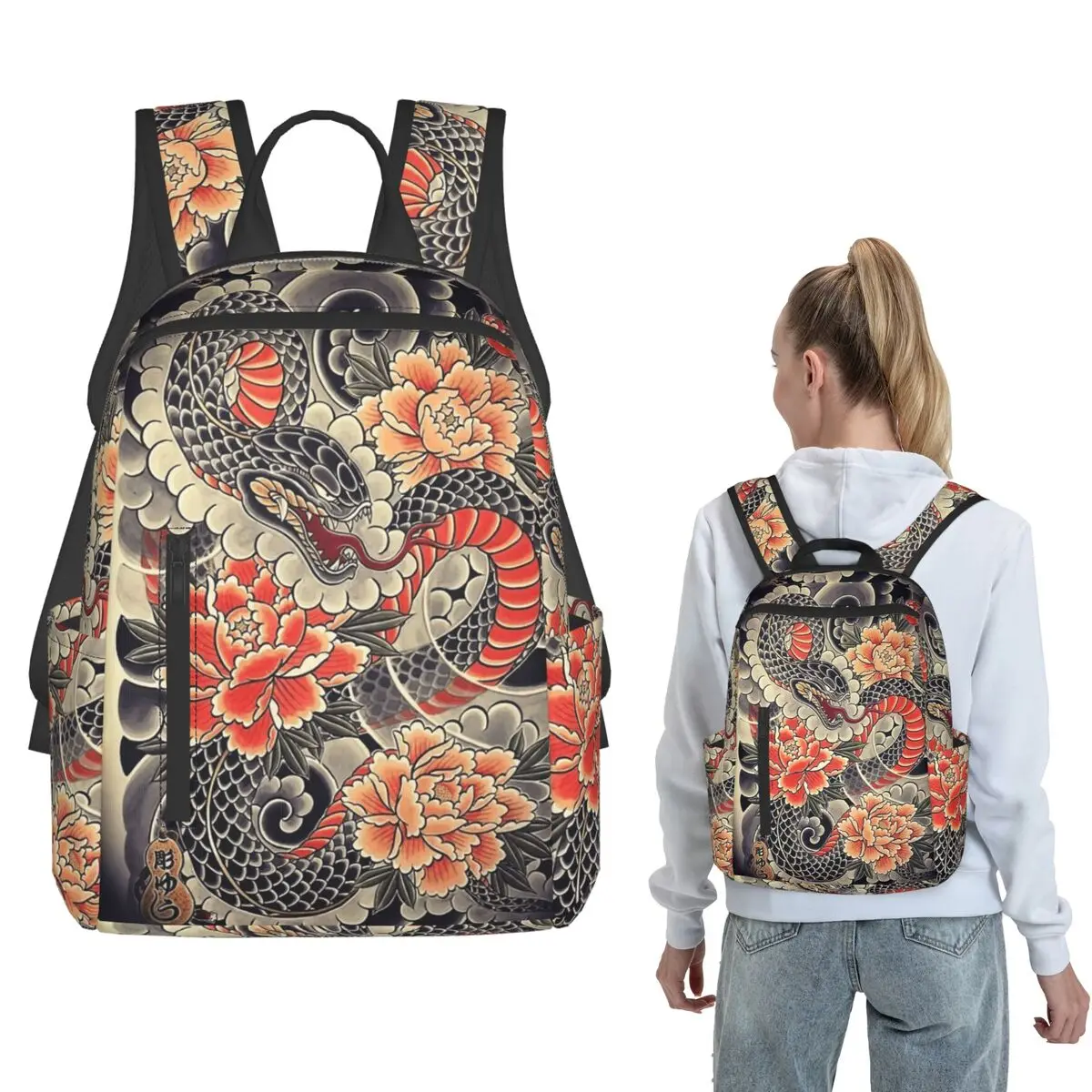 Japanese Art Tattoo Snake Peonies Flower Ink Backpack Large Capacity Boys Girls BookBag School Bag Shoulder Bags for Men Women