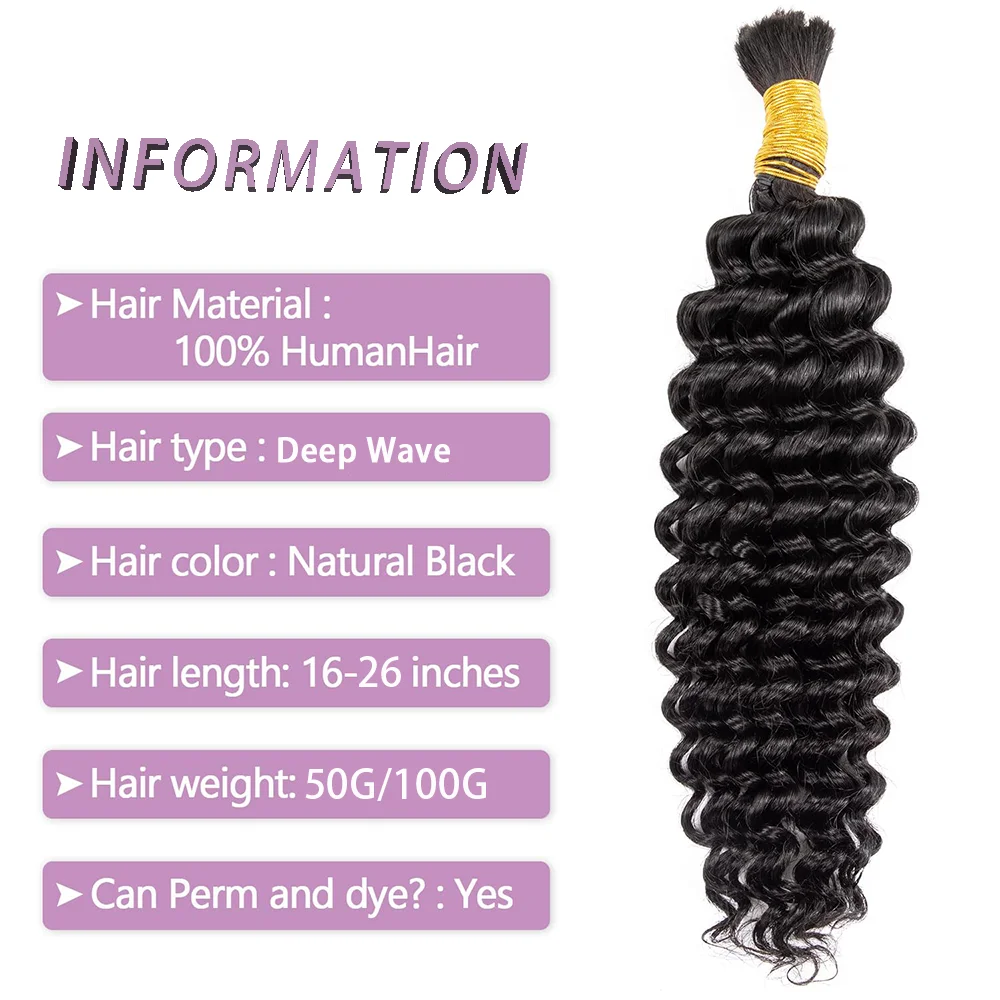 Extensiones de cabello humano para trenzar, extensiones de ondas profundas, Color Natural, 100% sin procesar, 50G