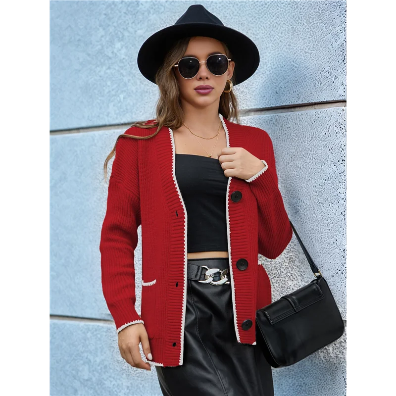 【HAPPYH】Women's Color Block Long Sleeves Sweater Fall Button Down Casual Coatigan Soft Knit Coat With Pocket