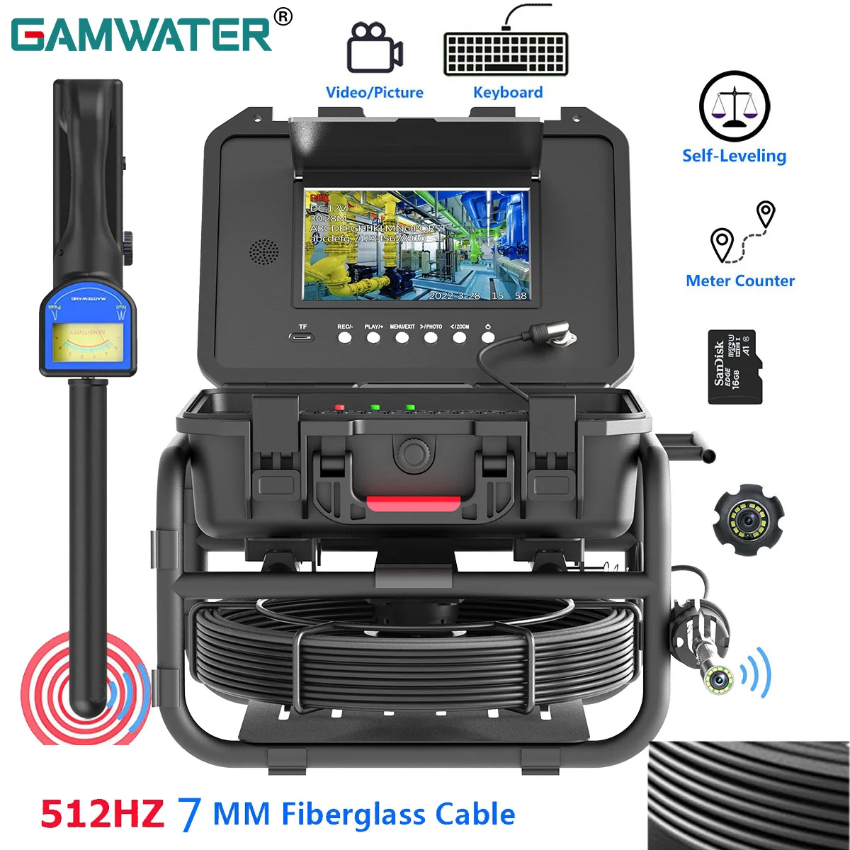 GAMWATER Sewer Pipe Inspection Camera with 512HZ Locator Self-Leveling Video+Audio Record Meter Counter 9