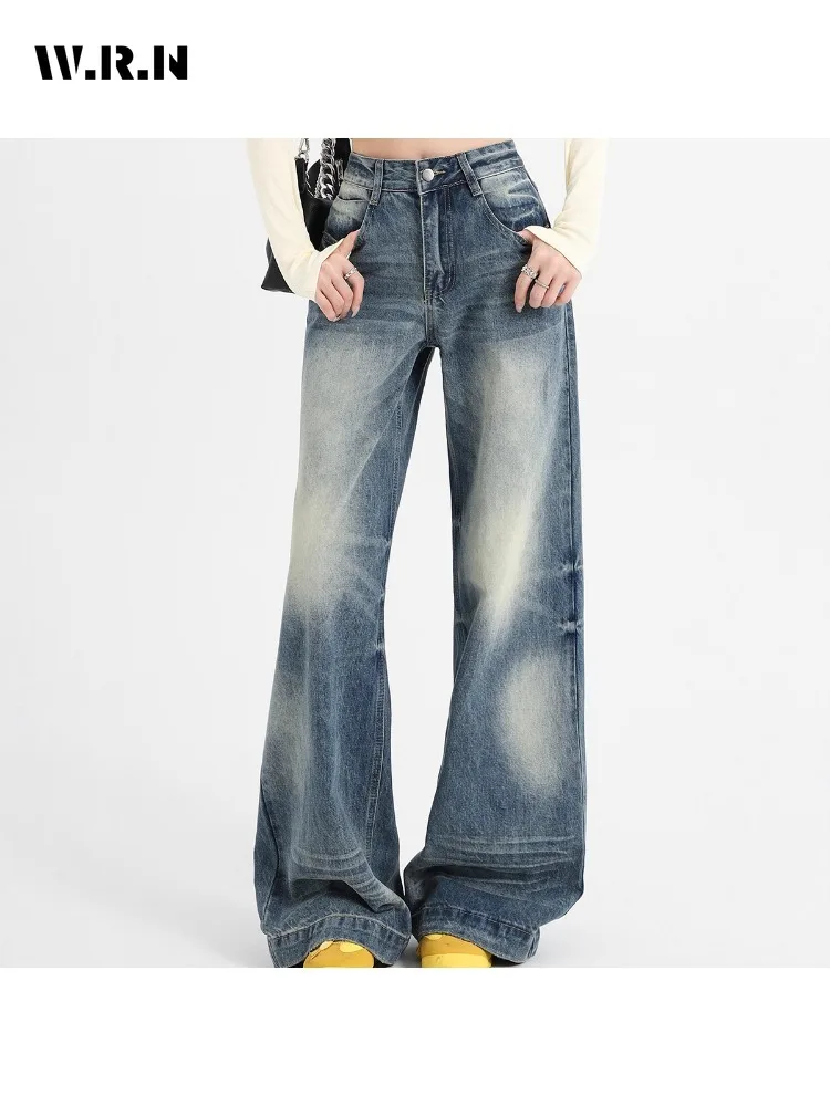 Casual minimalistische jaren 2000 denim broek dames vintage gewassen blauwe mop broek grunge straat retro hoge taille Y2K baggy jeans