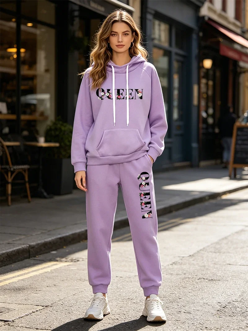 Queen Printing Womens Tracksuit 2 Pcs Sets Casual Hooded Sweatshirt Outfits Outdoor Sports Clothes AutumnWinter Woman Pants Suit