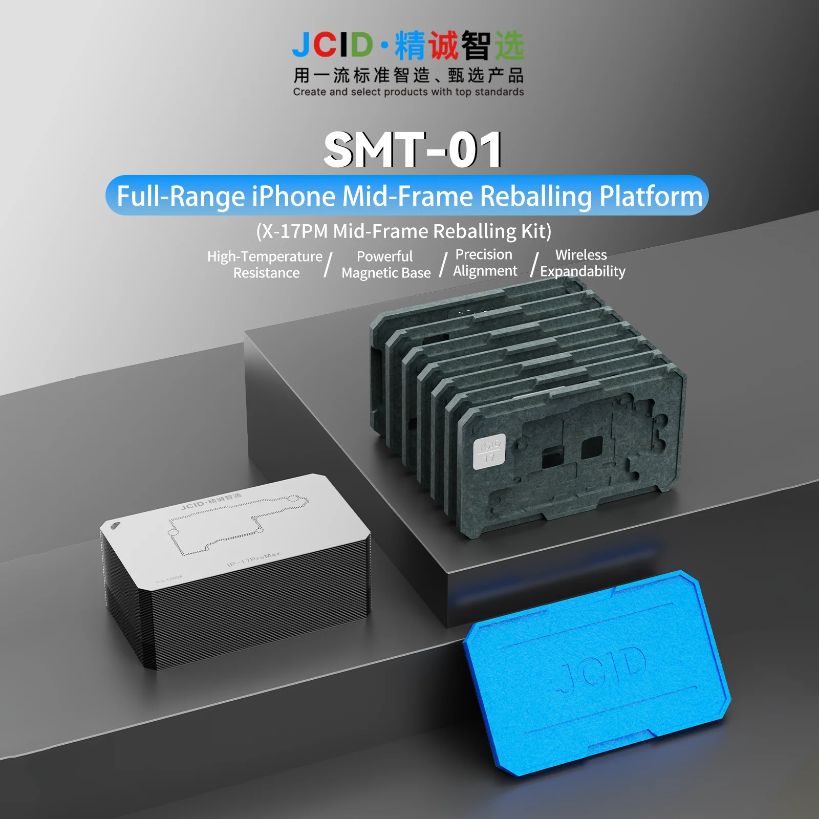 JCID SMT01 Universal Expandable Mid Frame Reballing Station High Precision Magnetic Positioning Fixture for iPhone X to 17PM