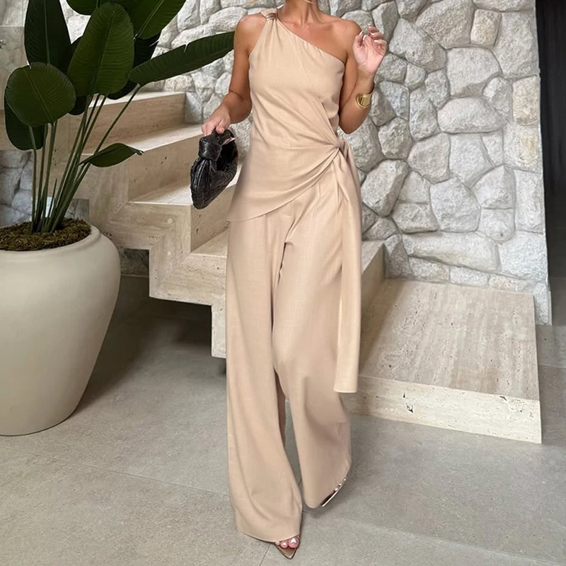 

Sexy Slanted Shoulder Lace Up Top & Pant Suit Women Casual Sleeveless Irregular Long Pant Set Elegant Ruched Luxury 2Pc Outfits