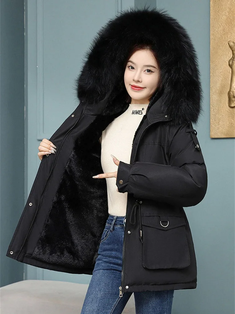 

2023 Winter Women Parka Coat Thicken Warm Fleece Overcoat Hooded Fur Collar Windproof Coat Schoolgirl Short Cotton-padded Jacket