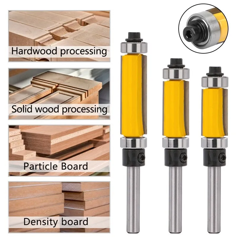 Haste reta Router Bit para Carpintaria, Rolamento Superior e Inferior, Rolamento Duplo, Cortador de Guarnição, Fresa, 1/4 pol