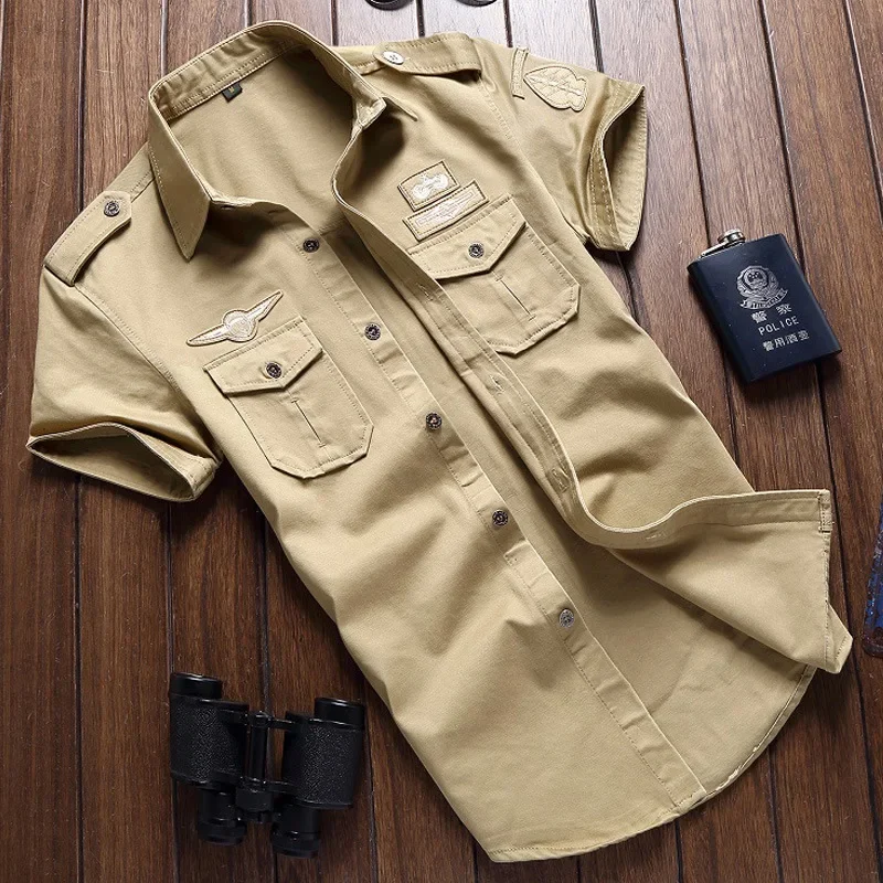 Fashion Mens Shirts Casual Slim Fit Solid 100% Cotton Cargo Short Sleeve Pilot Shirt Military Camouflage Chemise Plus Size M-6XL