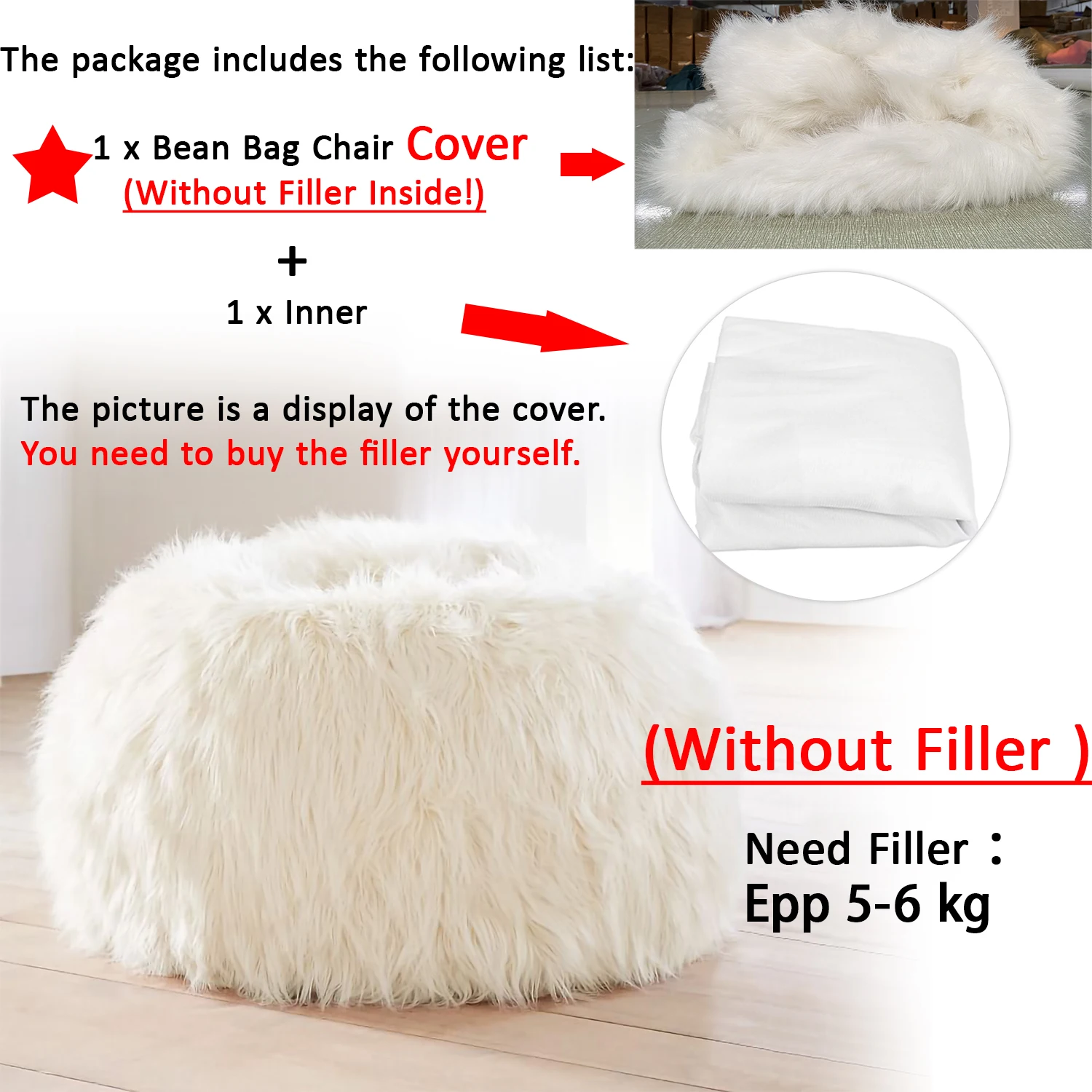 Relaxing Bean Bag Chair Cover Hot Sale Fluffy Faux Fur White Puff Sofa Bed, Tatami(Without filler)