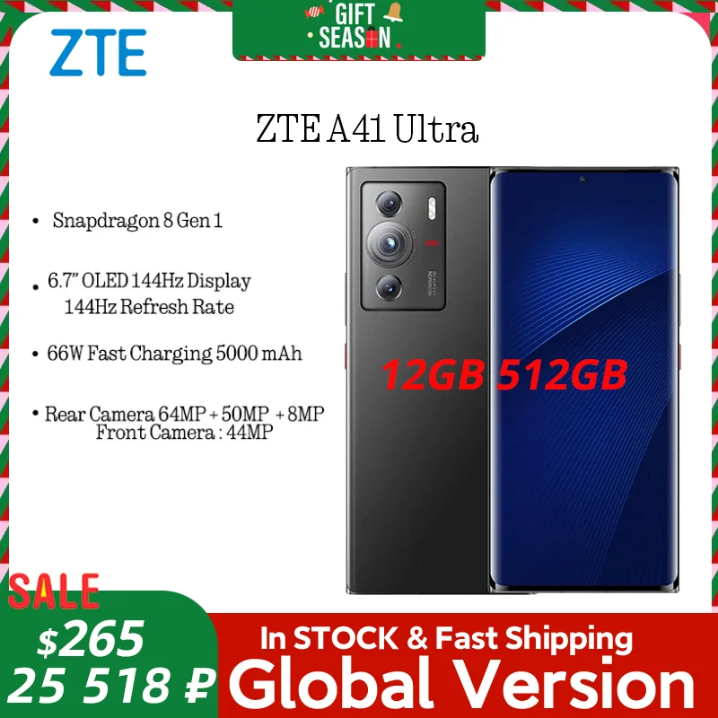 Original  ZTE  A41 Ultra 6.7 OLED 144Hz Display Snapdragon 8 Gen 1 66W Fast Charging 5000 mAh 64MP Camera NFC  A41 Ultra