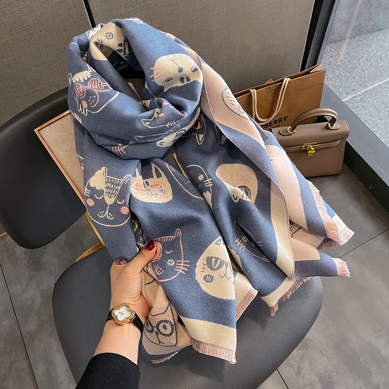 Autumn and Winter Travel Warm Cashmere Shawl Scarf Fashion Women Cat Print Pashmina Blanket Wraps Female Cute Poncho Bufanda