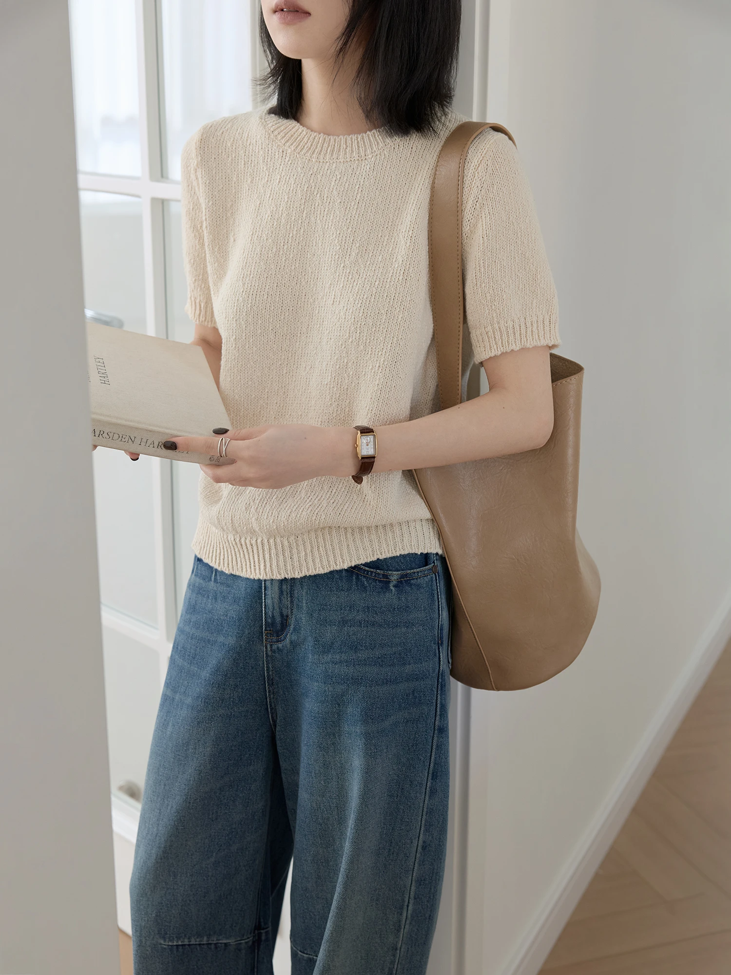 

Spring Summer Cotton Yarn ort Sve Knitted Top Women round Ne Loose Fit Soft Nouriing T-irt Simple Sle Knitwear