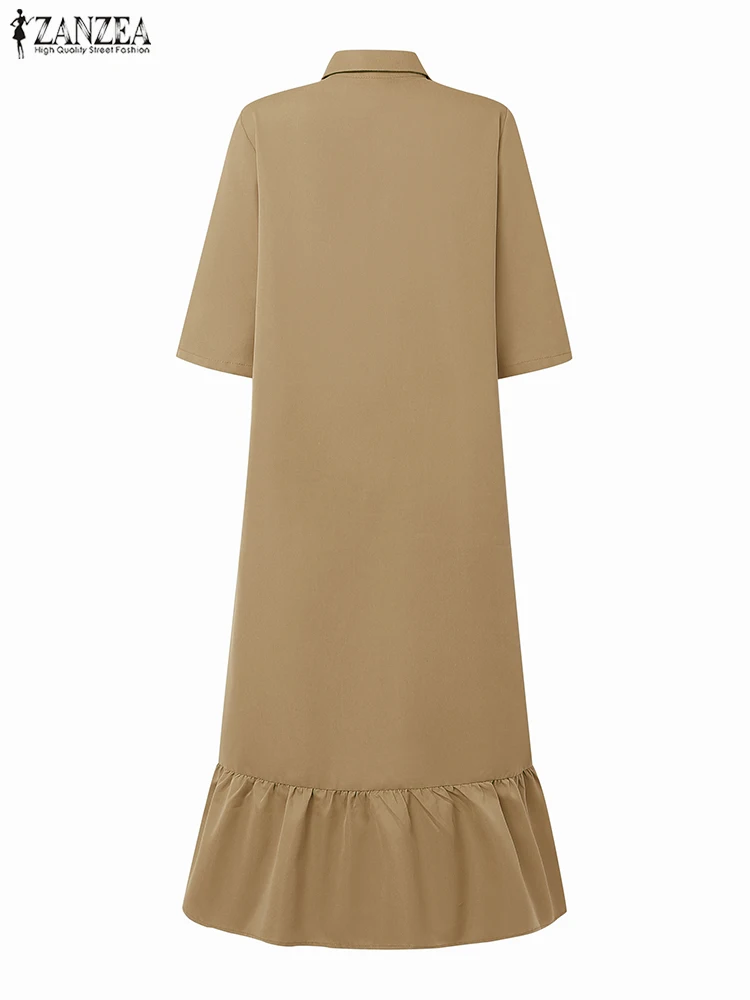 ชุดเดรสยาวทรงเสื้อเชิ้ตผู้หญิง ZANZEA ดีไซน์หรูหรา กระดุมแถวเดียว แฟชั่นจีบระบาย สีพื้น ความยาวปานกลาง รุ่น Vestidos ประจำปี 2025 สำหรับฤดูร้อน แขนสั้น แต่งระบาย