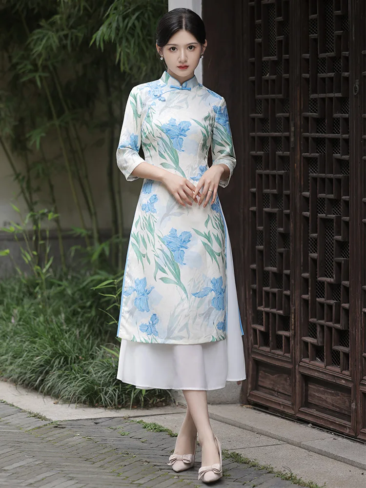 Autumn Vietnam Aodai Chinese Women Floral Printed Satin Cheongsam Vintage Mandarin Collar Qipao Elegant Daily Dress