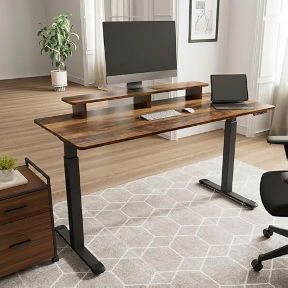Electric Standing Desk,63 Inch Height Adjustable Desk with Dual Motor,Computer Desk with LED Lights & Double Shelves,