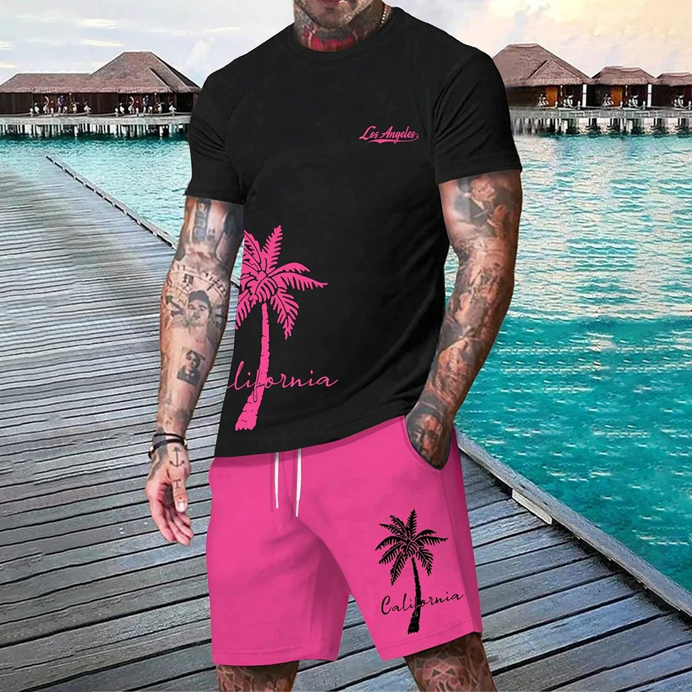 New Men's Short-Sleeved T-Shirt Beach Style Fashionable Short-Sleeved And Drawstring Shorts Set Of 2 Coconut Tree Print T-Shirt