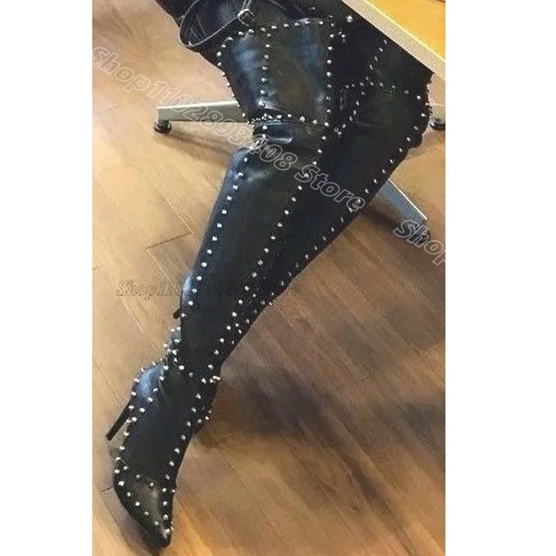 

Black Rivet Decor Stiletto Boots Pointed Toe British Style Matte Leather Party Casual Women Over Knee Boots Zapatos Para Mujere