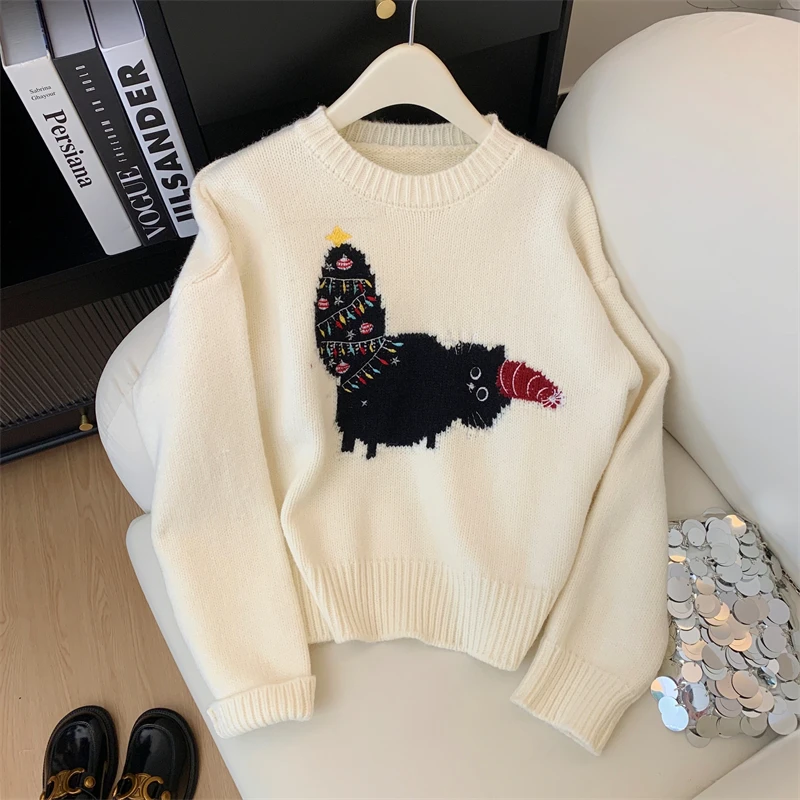 Autumn and Winter New Round Neck Pullover Soft Cat Sweater Winter Christmas Tree Embroidery Wool Loose Sweet Knit Top