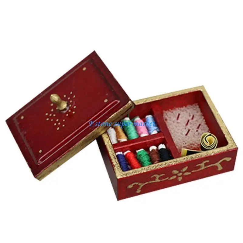 090B Dollhouses Accessory Miniature Sewing Kits with Yarn Basket and Tool Set Realistic Scene Display Decoration Craft Kits