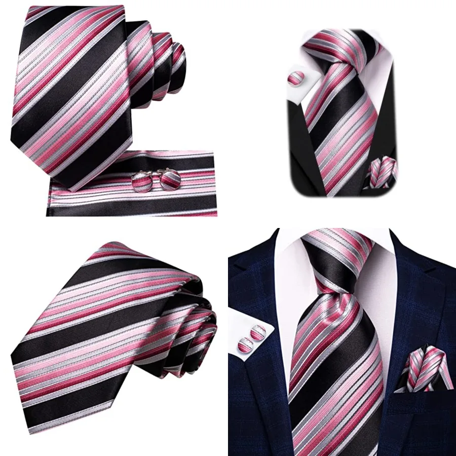 Conjuntos de Corbatas para Hombre, Corbata de Seda con Rayas y Paisley, Pañuelo de Bolsillo y Gemelos para Negocios y Bodas, Negro y Rosa