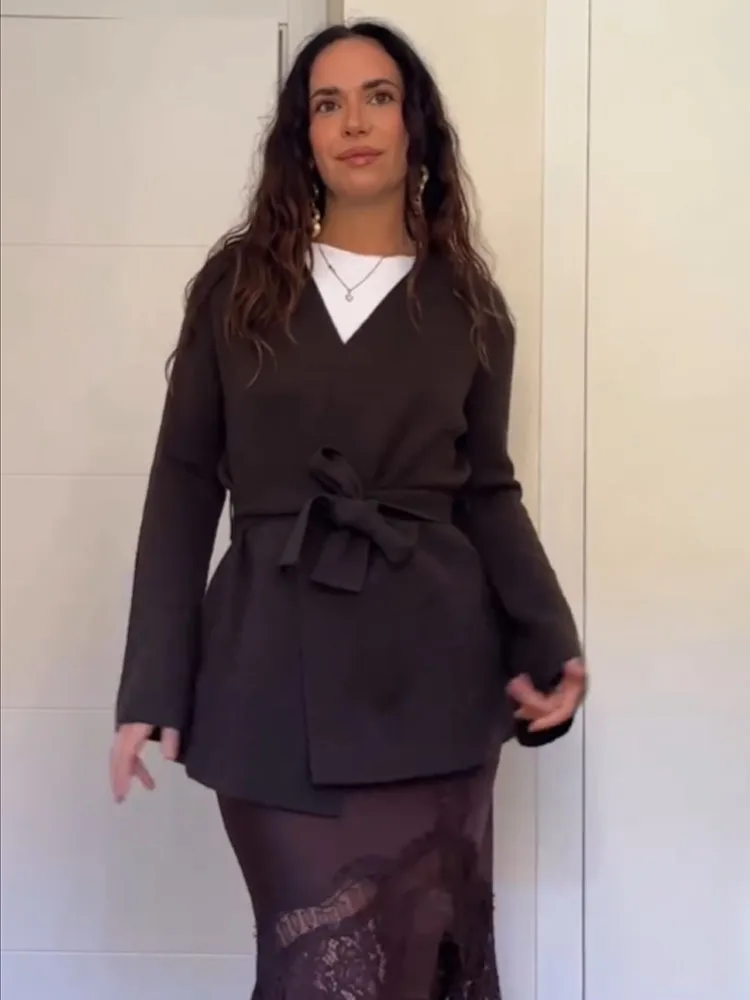 HH المرأة الموضة الرجعية تنوعا الخامس الرقبة طويلة الأكمام حزام محبوك سترة الإناث بسيطة شارع العليا سترة غير رسمية سترة معطف