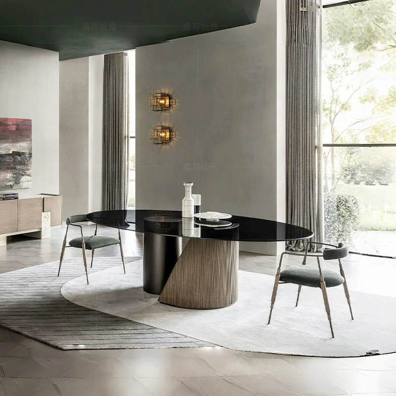 

Italian tempered glass dining table round restaurant home villa light luxury high sense design creative stainless steel dining t