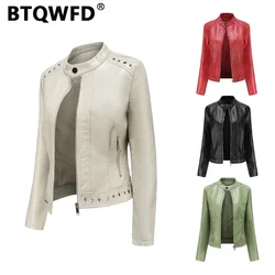 BTQWFD-PU Jaqueta de couro para mulheres, mangas compridas, casacos rebite, gola, roupas femininas, tops de motociclistas, outono, inverno, novo, 2022