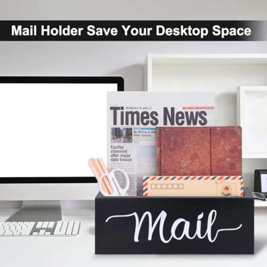 Desk Mail Organizer, Mail Organizer Countertop, Wood Desk Mail Storage Box, Envelop Holder for Home Office Black-2 slot - view 5