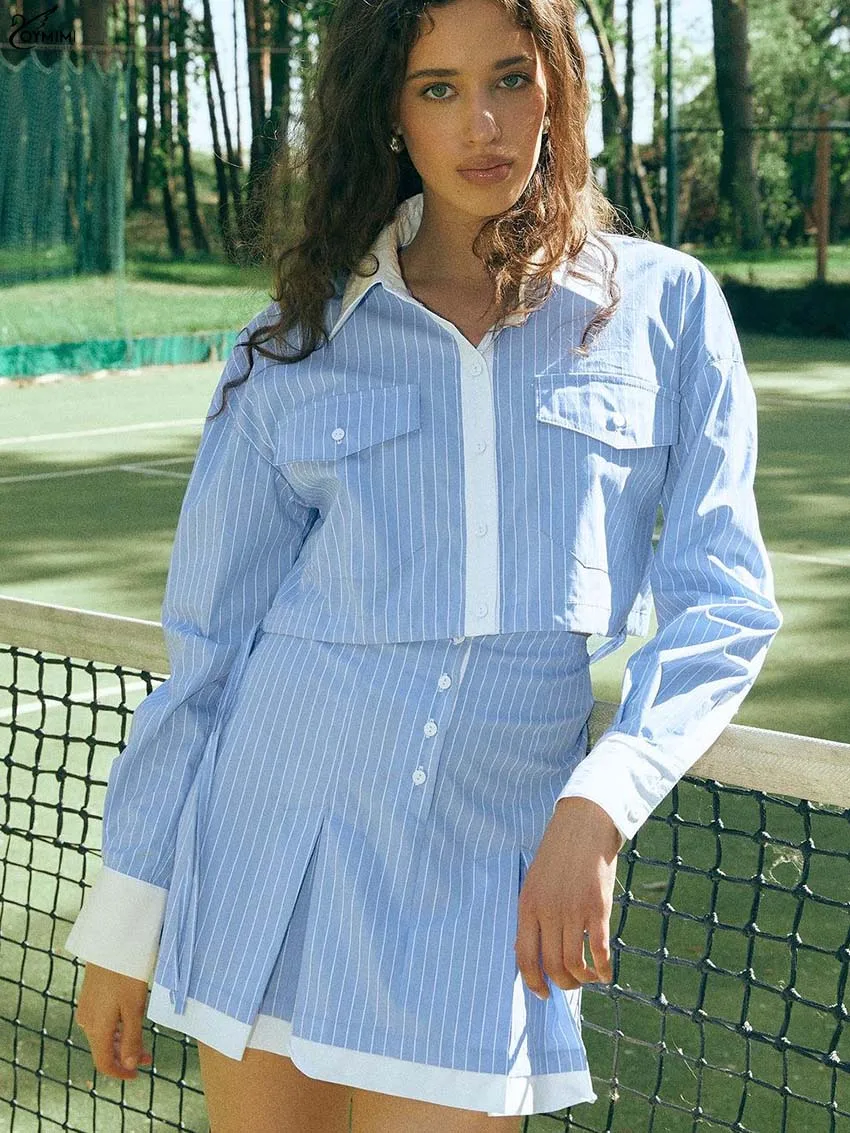 

Oymimi Fashion Blue Print 2 Pieces Set For Woman Autumn Long Sleeve Single Breasted Pockets Shirts And Slim Mini Skirts Sets