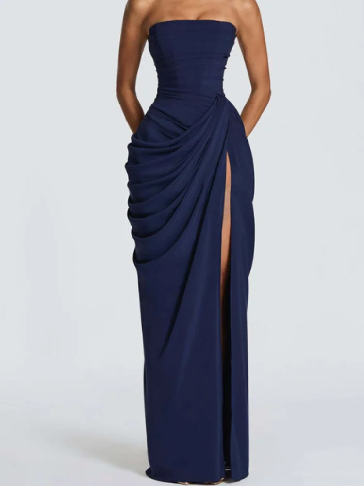 Lady Sexy Strapless Split Solid Pleated Dress Women Chic Backless High Waist Off-shoulder Dresses 2026 New Evening Party Gowns image 5