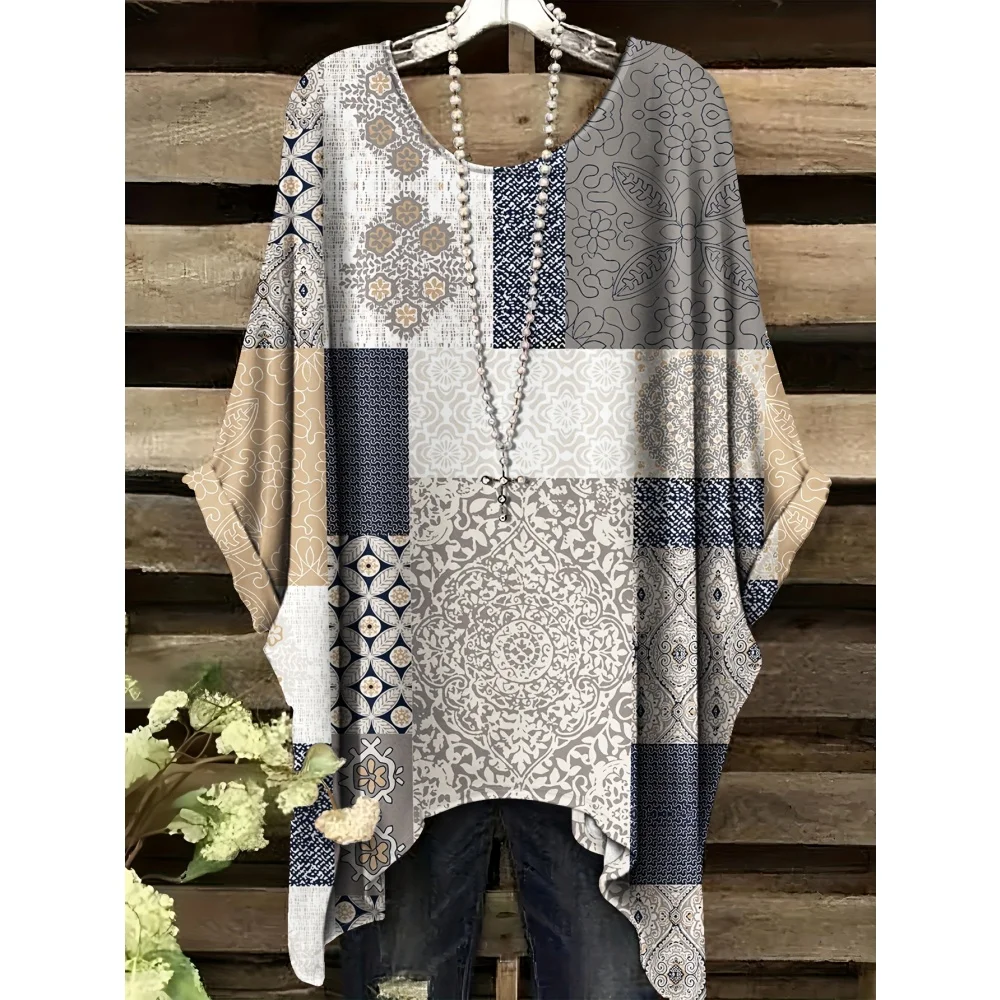 

Women's Elegant Bohemian Vintage Stripe Shirts Starry Night Print T-Shirt Dots Asymmetrical Hem Round Neck Casual Fashion Women