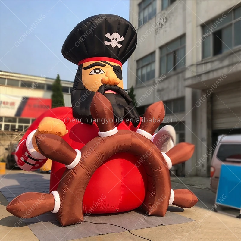 Giant Inflatable Pirate with Ship Wheel, Up Pirate Figure for Halloween Party, Haunted House, Nightclub Decor Prop