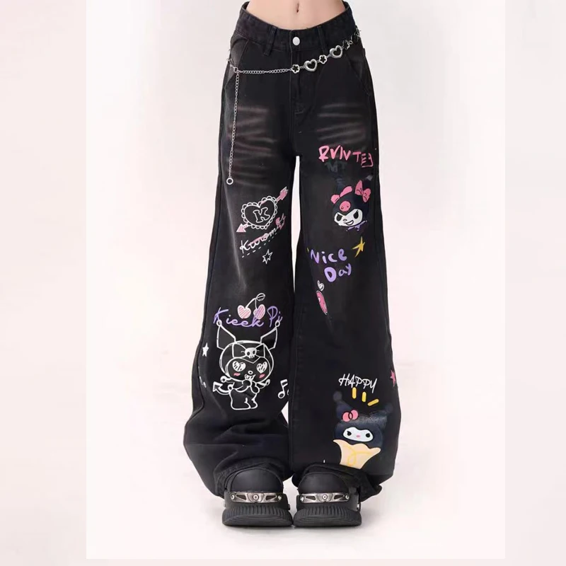 Sanrios Kuromi Girl Straight Leg Jeans Anime Print Wijde Pijpen Broek Schattige Hoge Taille Losse Broek Cartoon Broek Met Klokbodem